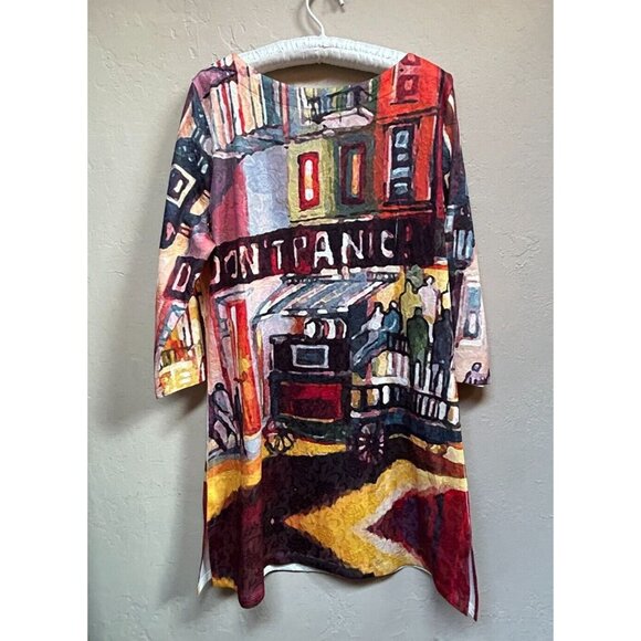 Tesoro Moda Womens Don't Panic Abstract Print Dress Medium 3/4 Sleeve Boho Multi - Picture 2 of 8